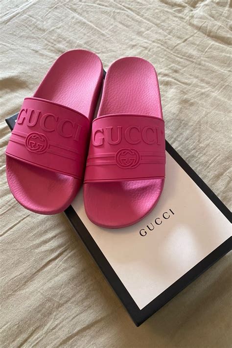 pink gucci print logo|pink Gucci slides.